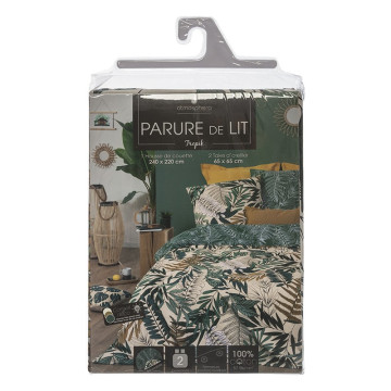 Parure de lit tropik vert/blanc/moutarde 240x220 Atmosphera - Le Dépôt Bailleul