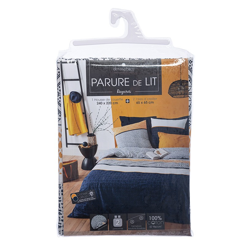 Parure De Lit Rayures Bleu Blanc Moutarde 240x220 Atmosphera Le Depot Bailleul