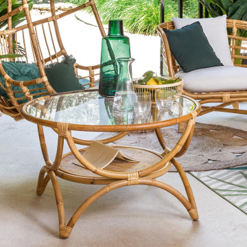 Table basse en rotin et verre Farah Atmosphera - Le Dépôt Bailleul