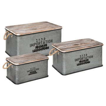 Lot de 3 malles métal gris plateau bois Atmosphera - Le Dépôt Bailleul