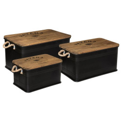 Lot de 3 malles métal noir plateau bois Atmosphera - Le Dépôt Bailleul