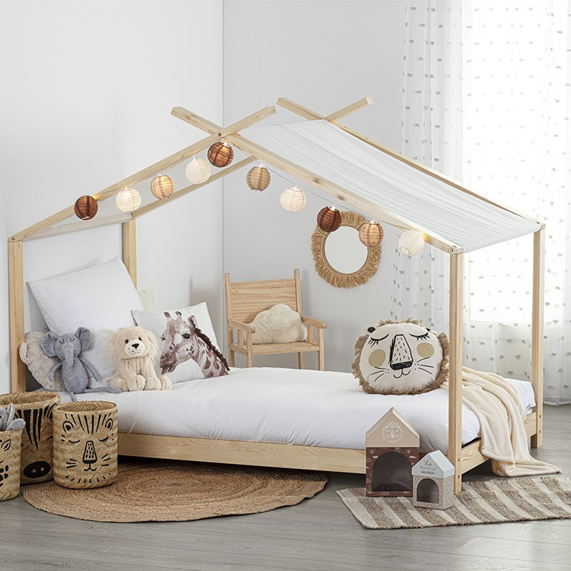 Lit Cabane pour Enfant avec Rideaux de Nuages en Tissu et Toile Suspendue,  Lits d'enfant en Pin Naturel 90x200 cm