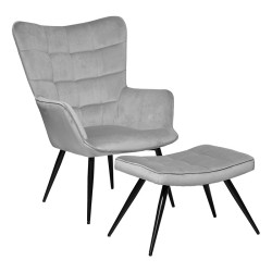 Fauteuil et tabouret velours Ermine gris Atmosphera - Le Dépôt Bailleul