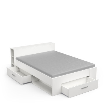 Lit 2 places, commode et chevets intégrés, blanc perle ou chêne, Pocket
