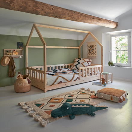 Lit cabane enfant 90 x 190 cm en bois au sol convertible avec