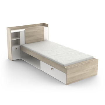 Lit 90x190/200 cm avec environnement Life blanc et bois - Le Dépôt Bailleul