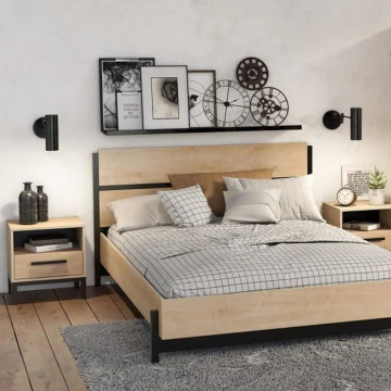 Lit double 160x200 cm Craft noir et bois - Le Dépôt Bailleul