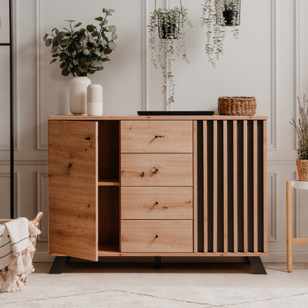 Buffet 2 portes 4 tiroirs coloris chêne/anthracite Medan - Le Dépôt Bailleul
