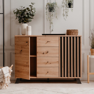 Buffet 2 portes 4 tiroirs coloris chêne/anthracite Medan - Le Dépôt Bailleul