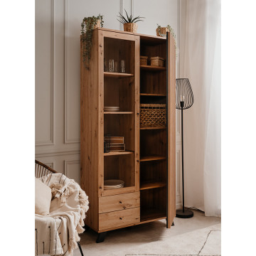 Vitrine 2 portes 2 tiroirs coloris chêne/anthracite Medan - Le Dépôt Bailleul