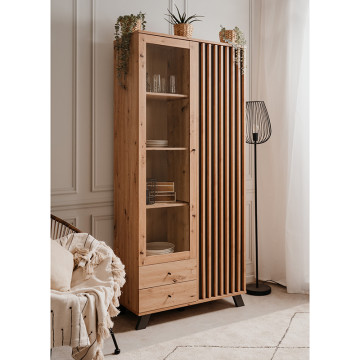 Vitrine 2 portes 2 tiroirs coloris chêne/anthracite Medan - Le Dépôt Bailleul