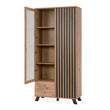 Vitrine 2 portes 2 tiroirs coloris chêne/anthracite Medan - Le Dépôt Bailleul