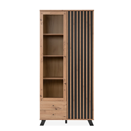 Vitrine 2 portes 2 tiroirs coloris chêne/anthracite Medan - Le Dépôt Bailleul