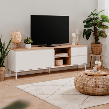 Meuble TV blanc 2 portes 2 tiroris Linz - Le Dépôt Bailleul