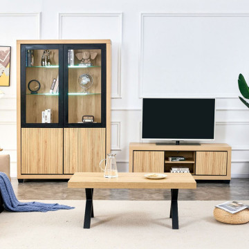 Meuble TV 2 portes 2 niches chêne wellington et noir Nice - Le Dépôt Bailleul