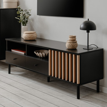 Meuble TV 2 niches 2 tiroirs 1 porte noir et bois Monza - Le Dépôt Bailleul