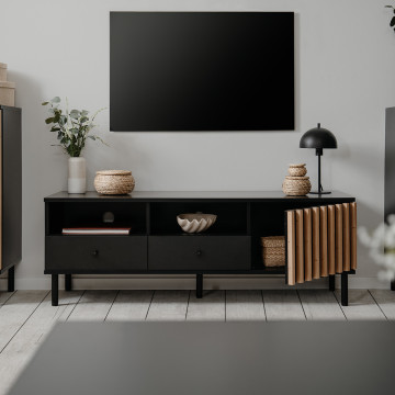 Meuble TV 2 niches 2 tiroirs 1 porte noir et bois Monza - Le Dépôt Bailleul