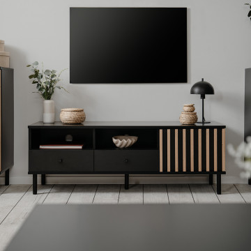 Meuble TV 2 niches 2 tiroirs 1 porte noir et bois Monza - Le Dépôt Bailleul
