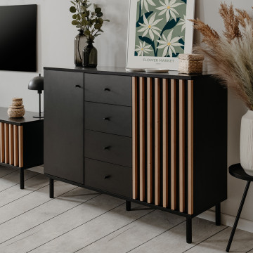 Buffet 2 portes 4 tiroirs noir et bois Monza - Le Dépôt Bailleul