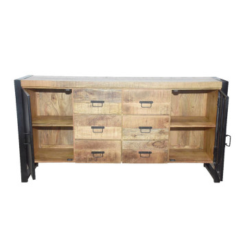 Buffet 2 portes métal 6 tiroirs Chennai manguier et métal - Le Dépôt Bailleul