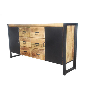 Buffet 2 portes métal 6 tiroirs Chennai manguier et métal - Le Dépôt Bailleul