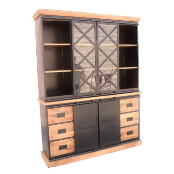 Vaisselier Bakou portes coulissantes manguier et métal - Le Dépôt Bailleul