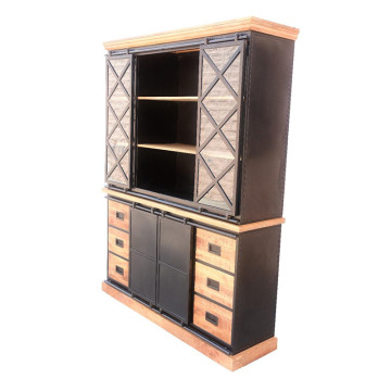 Vaisselier Bakou portes coulissantes manguier et métal - Le Dépôt Bailleul