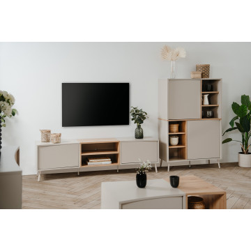Meuble TV 2 portes 2 niches sable/effet bois Sinop - Le Dépôt Bailleul
