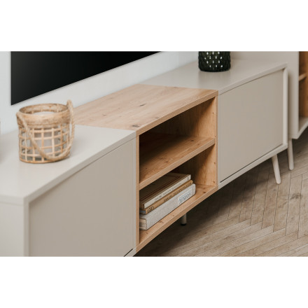 Meuble TV 2 portes 2 niches sable/effet bois Sinop - Le Dépôt Bailleul