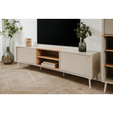 Meuble TV 2 portes 2 niches sable/effet bois Sinop - Le Dépôt Bailleul
