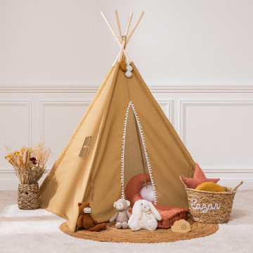 Tipi enfant ocre 160 cm avec pompons Atmosphera - Le Dépôt Bailleul.