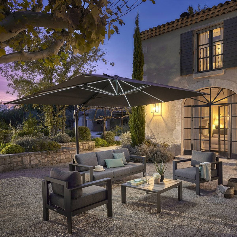 Parasol décentré Melhia 4x3 m avec LED oléfine anthracite Hespéride - Le Dépôt Bailleul