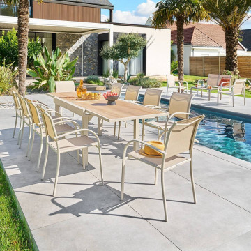 Table extérieure extensible 10 places Piazza verre imprimé épeautre argile Hespéride - Le Dépôt Bailleul