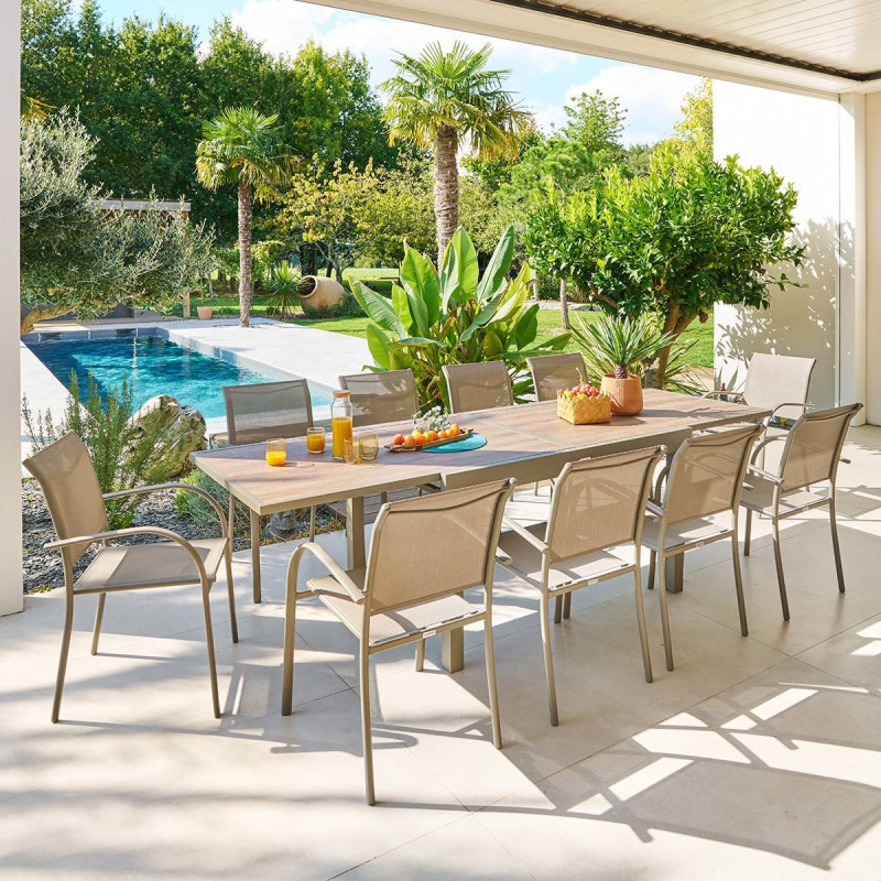 Table extérieure extensible 10 places Piazza verre imprimé truffe café Hespéride - Le Dépôt Bailleul