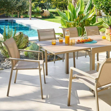 Table extérieure extensible 10 places Piazza verre imprimé truffe café Hespéride - Le Dépôt Bailleul