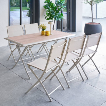 Table extérieure pliante 6 places Azua verre effet bois épeautre argile Hespéride - Le Dépôt Bailleul