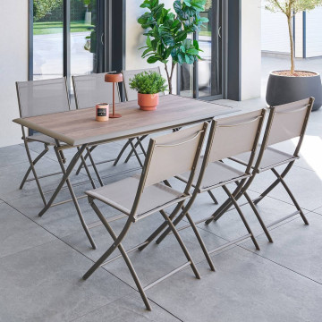 Table extérieure pliante 6 places Azua verre effet bois truffe café Hespéride - Le Dépôt Bailleul