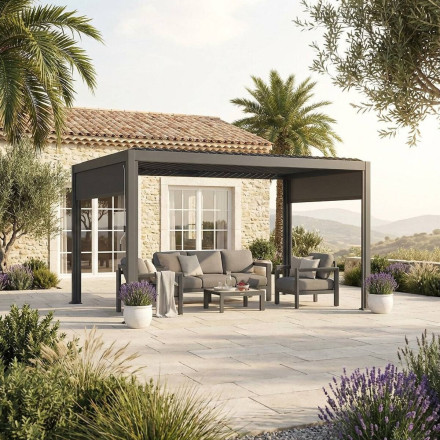 Pergola bioclimatique Evonis 4 x 3 m aluminium et acier graphite Hespéride - Le Dépôt Bailleul