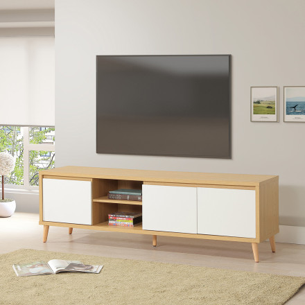 Meuble TV 3 portes 2 niches Pier blanc crème / effet bois - Le Dépôt Bailleul