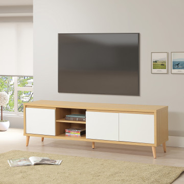 Meuble TV 3 portes 2 niches Pier blanc crème / effet bois - Le Dépôt Bailleul