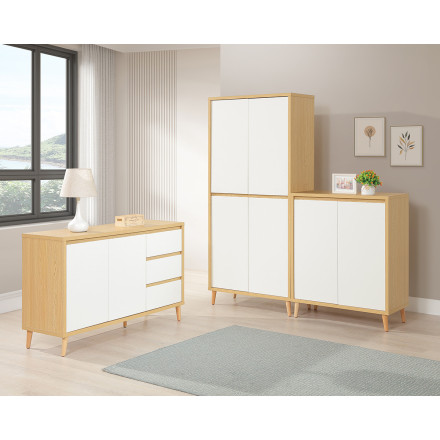 Buffet 2 portes 3 tiroirs Pier blanc crème / effet bois - Le Dépôt Bailleul