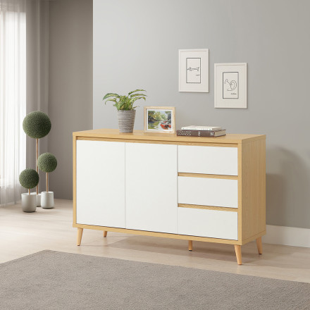 Buffet 2 portes 3 tiroirs Pier blanc crème / effet bois - Le Dépôt Bailleul