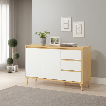 Buffet 2 portes 3 tiroirs Pier blanc crème / effet bois - Le Dépôt Bailleul