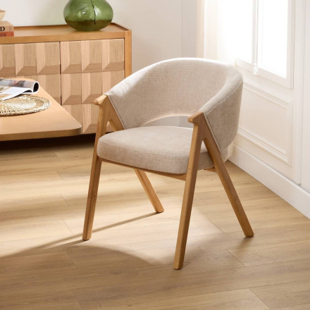 Fauteuil repas Amza chenille ivoire pieds bois naturel Atmosphera - Le Dépôt Bailleul