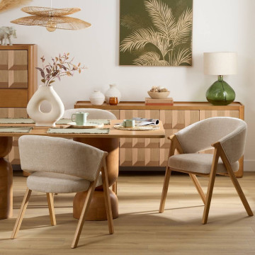 Fauteuil repas Amza chenille ivoire pieds bois naturel Atmosphera - Le Dépôt Bailleul