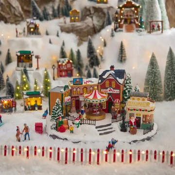Village de Noël lumineux place avec manège 31 LED musical et animé - Le Dépôt Bailleul