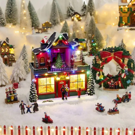 Village de Noël lumineux boutique de cadeaux 21 LED musical et animé - Le Dépôt Bailleul