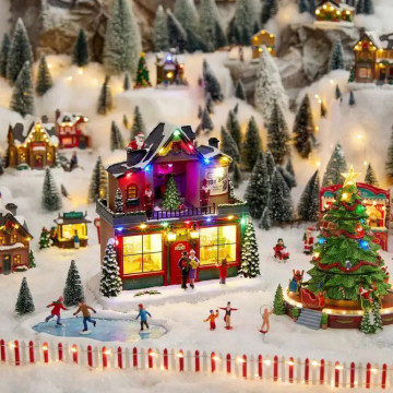 Village de Noël lumineux boutique de cadeaux 21 LED musical et animé - Le Dépôt Bailleul
